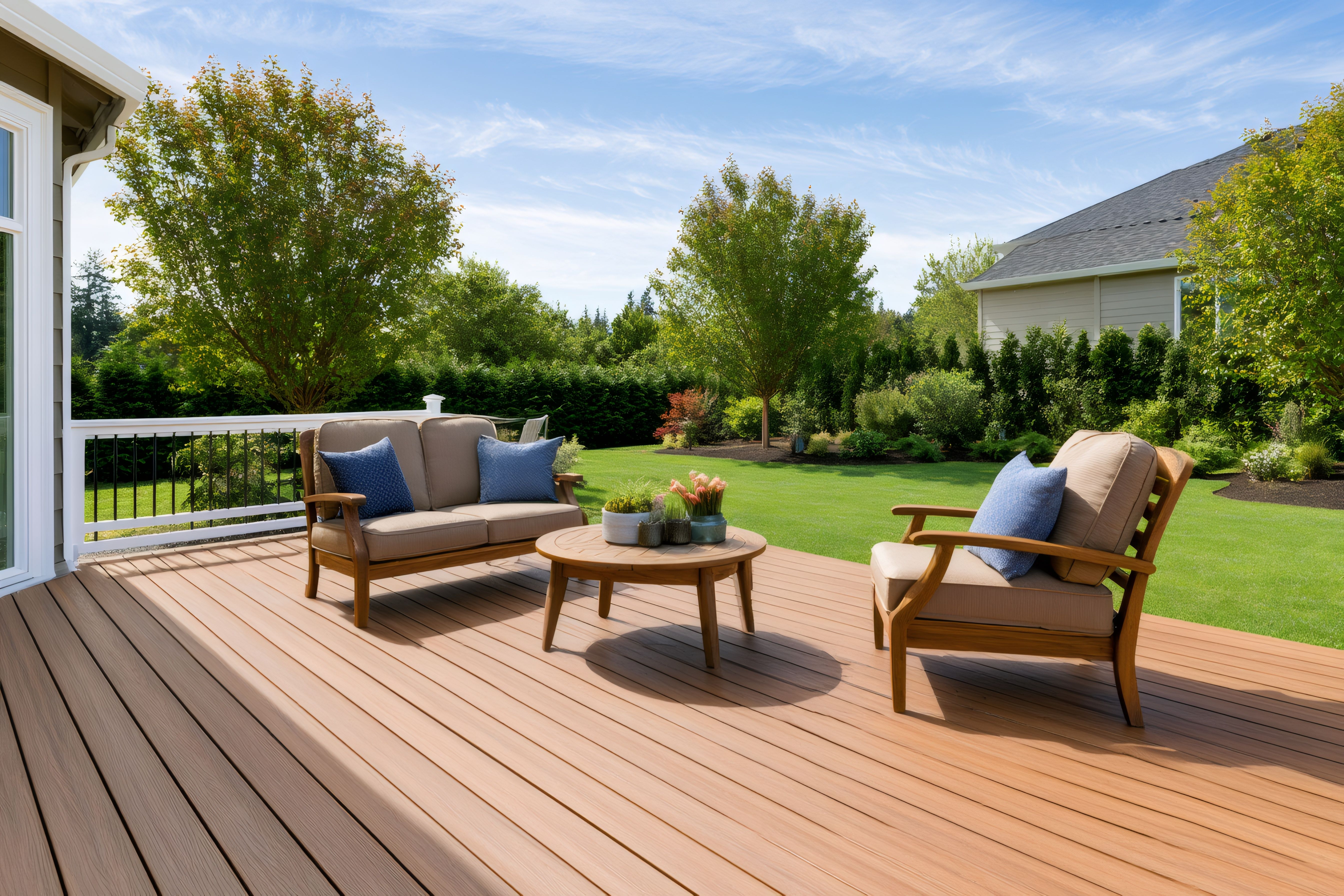 Composite deck with outdoor furniture overlooking a green backyard, built by One Nation Exteriors for Minnesota weather