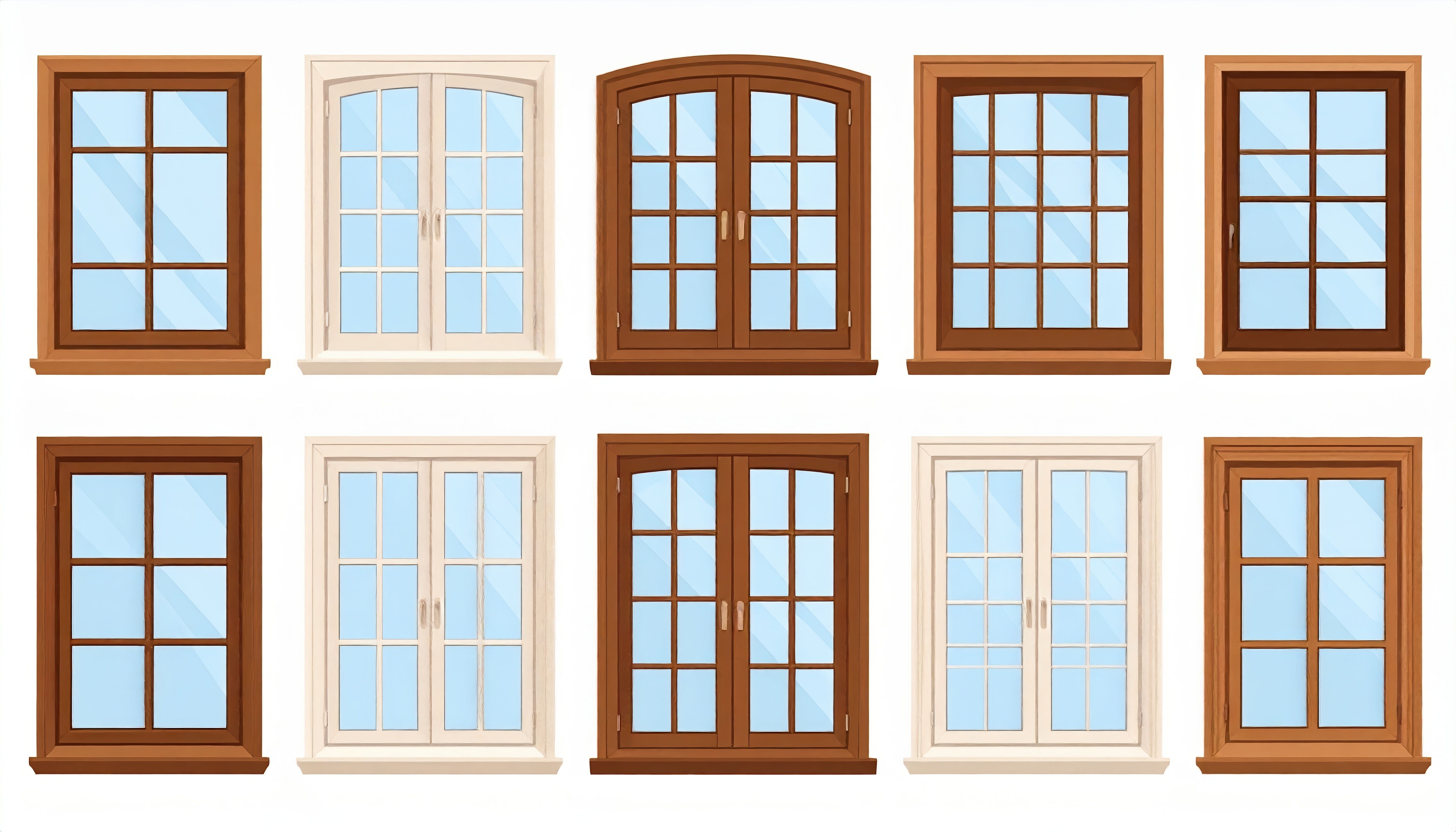 Collage of different window styles including double-hung and casement windows with wood and white frames