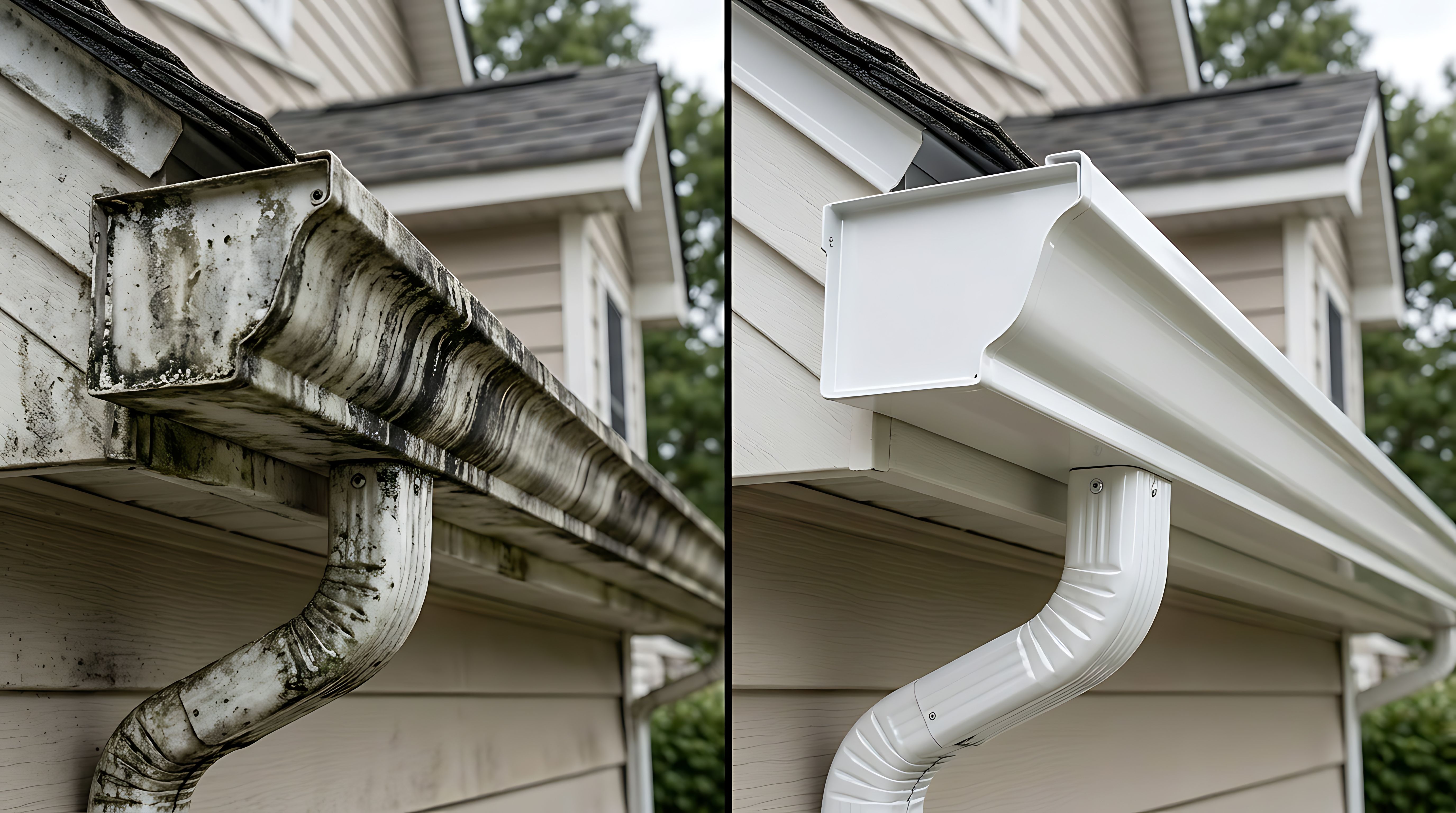 Side-by-side comparison of a dirty, moss-stained gutter and downspout next to a clean white gutter and downspout on a home