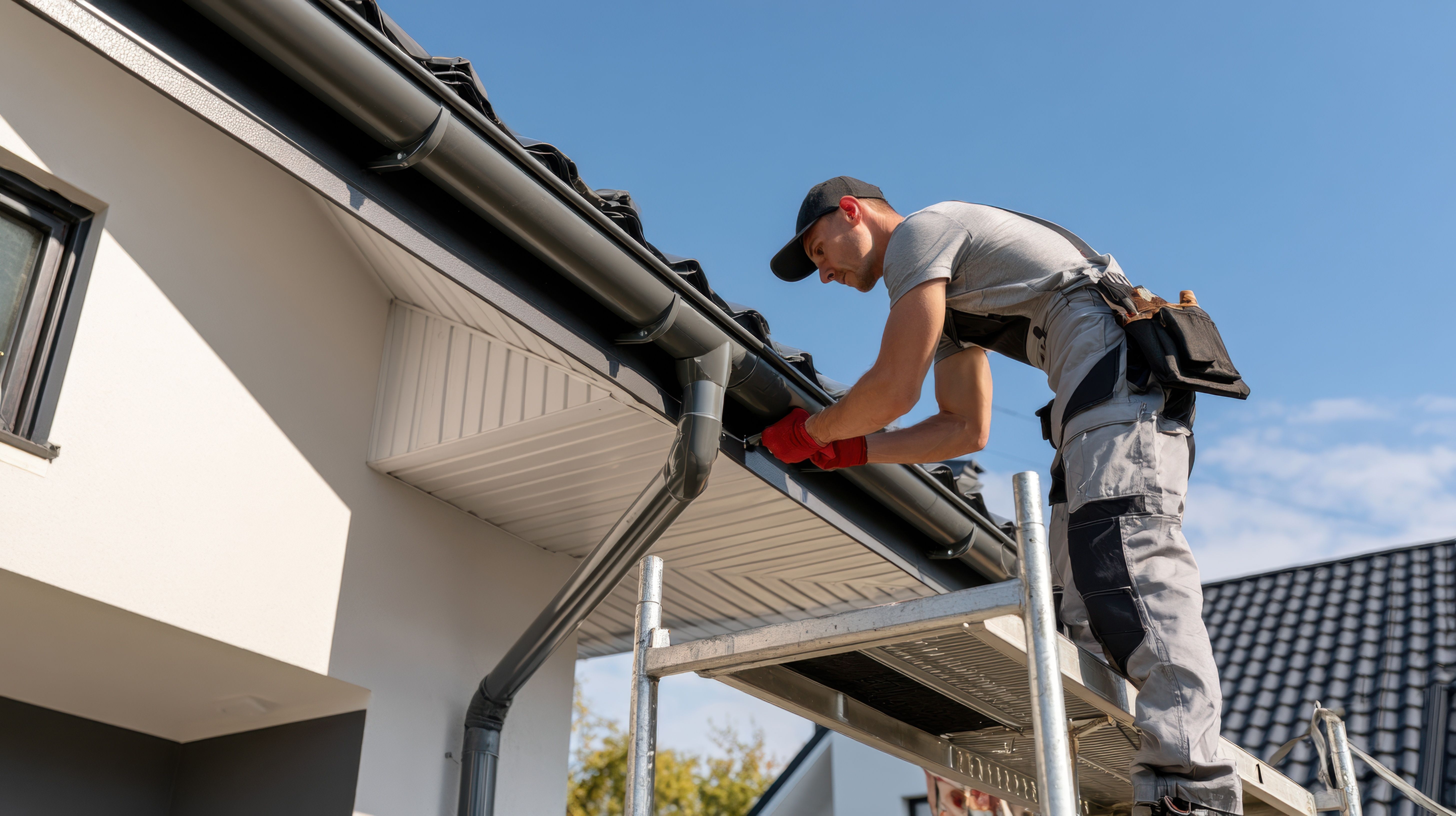 Contractor on scaffolding installing a dark gray gutter and downspout along the roofline of a home