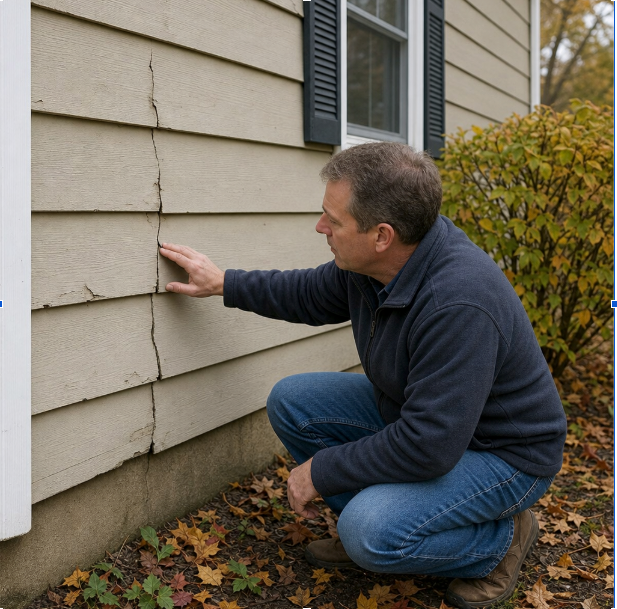 Man crouching to inspect a large crack in cracked vinyl siding on the exterior of a home