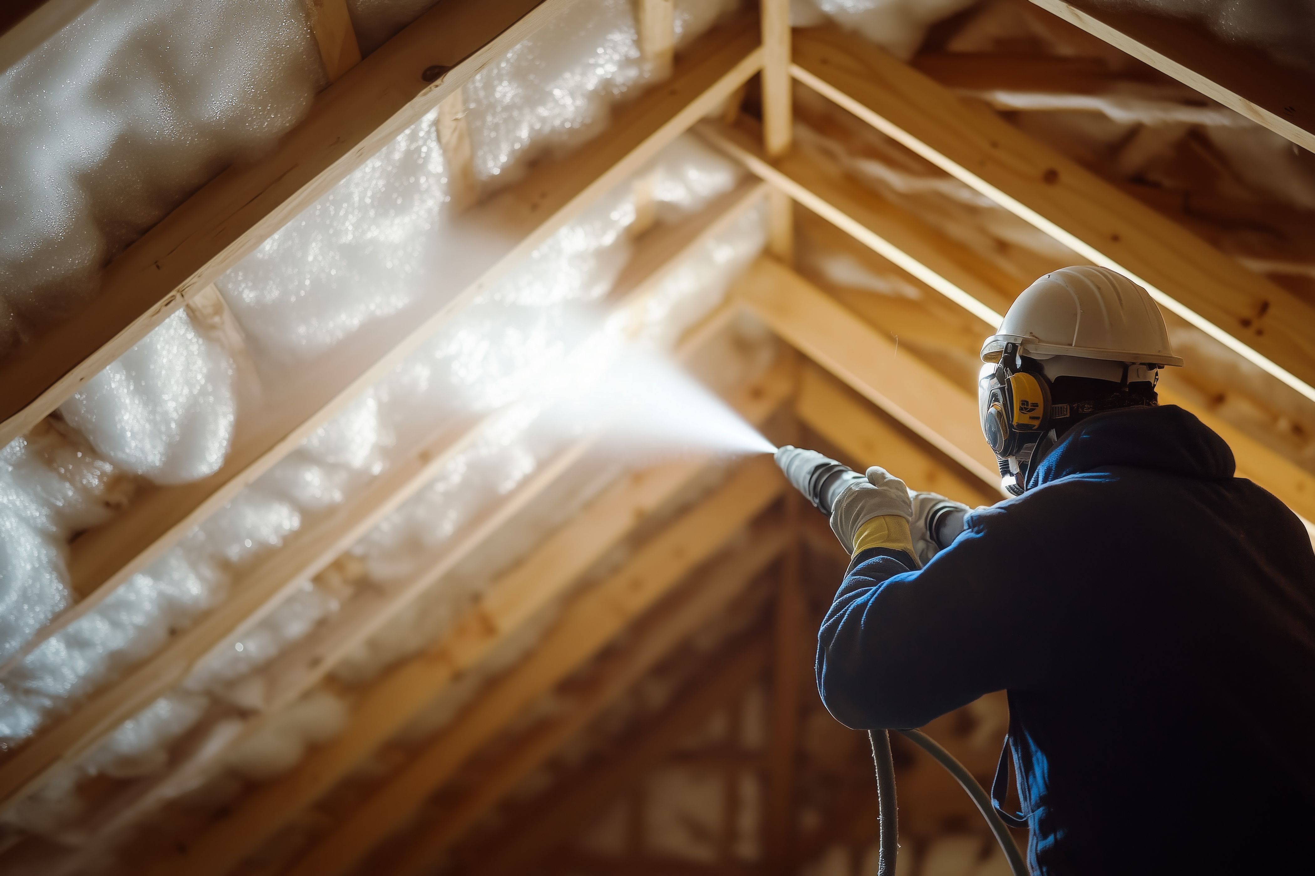 Worker in a hard hat and respirator spraying insulation between the wood rafters of an attic