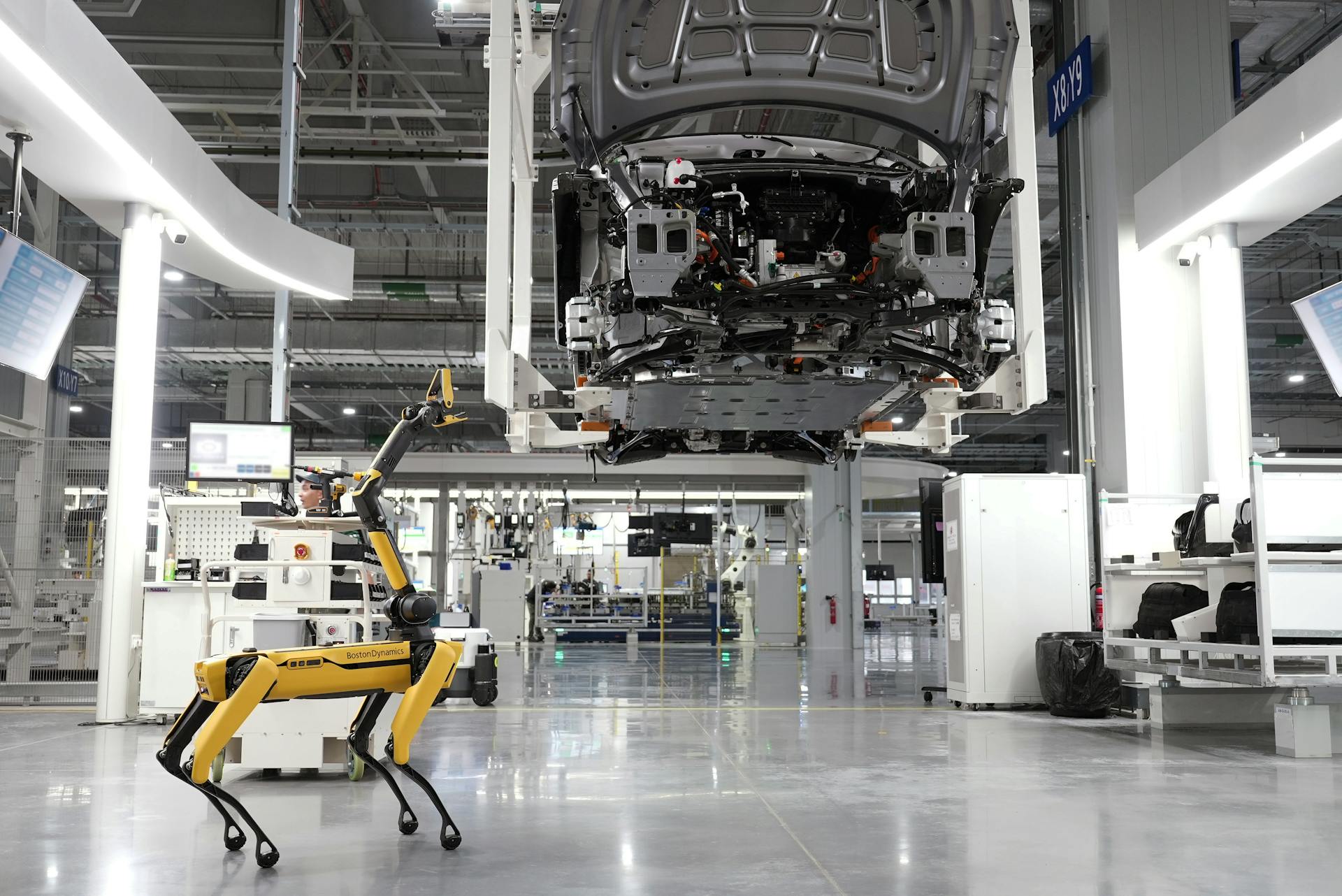 Body-in-white panel on a vehicle assembly line where fasteners are torqued in