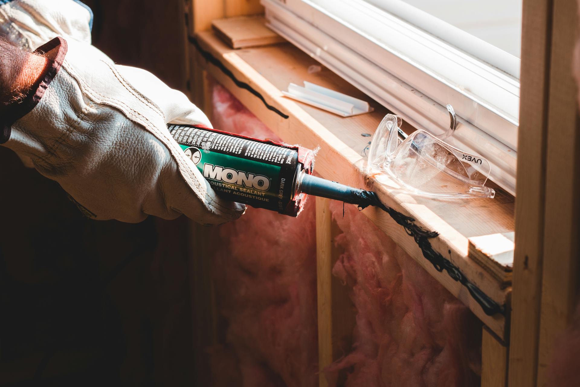 Gloved installer applying sealant along a window frame at a finished installation