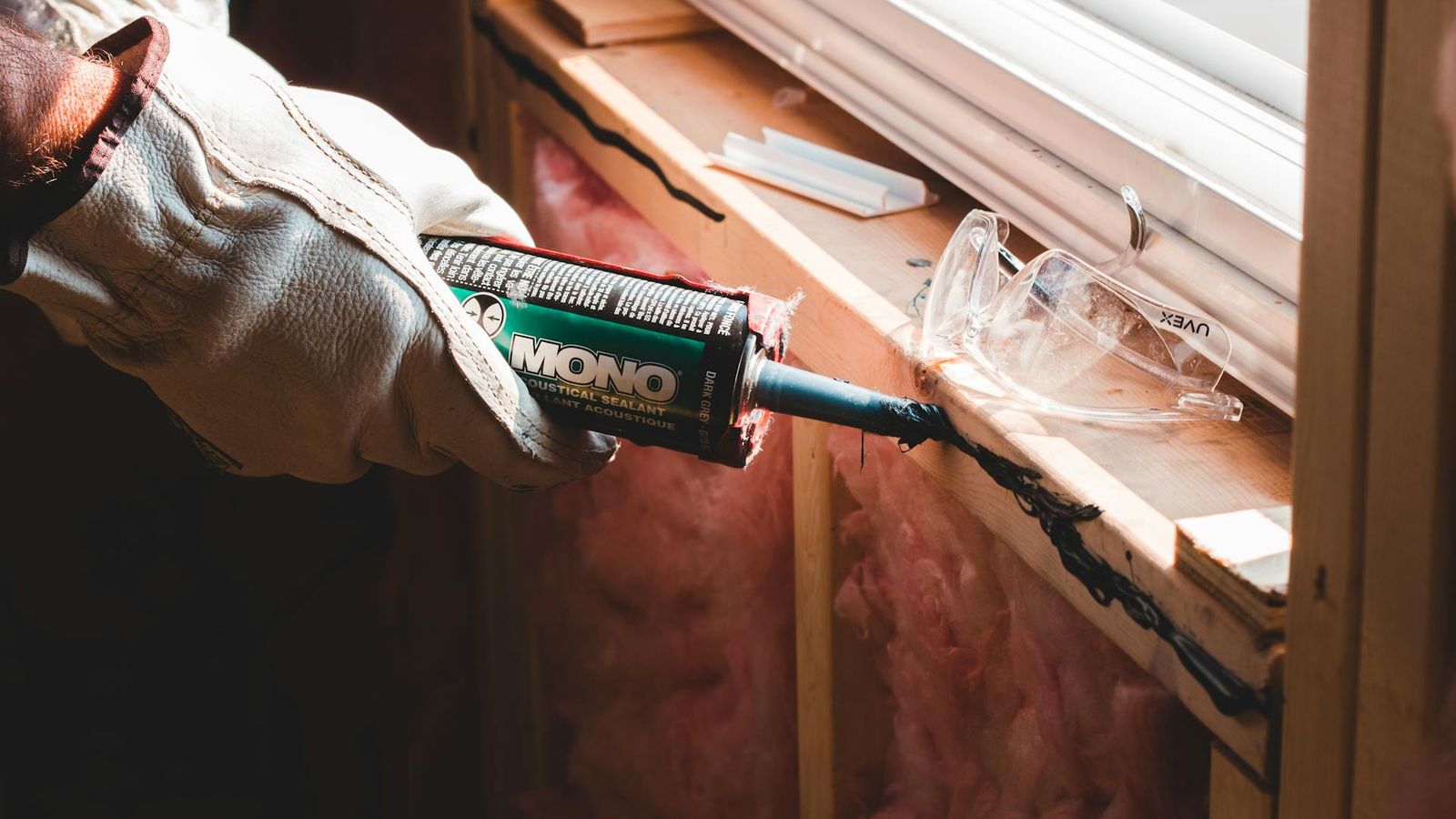 Gloved installer applying sealant along a window frame at a finished installation