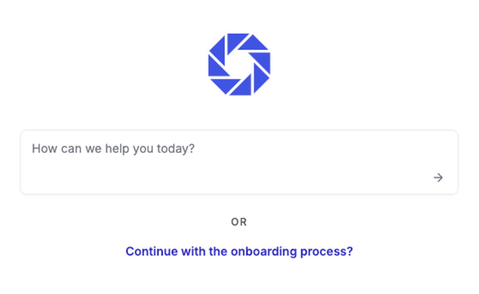 Page d'accueil Enao Vision : un seul champ de chat qui demande "How can we help you today?" avec un lien pour continuer l'onboarding.
