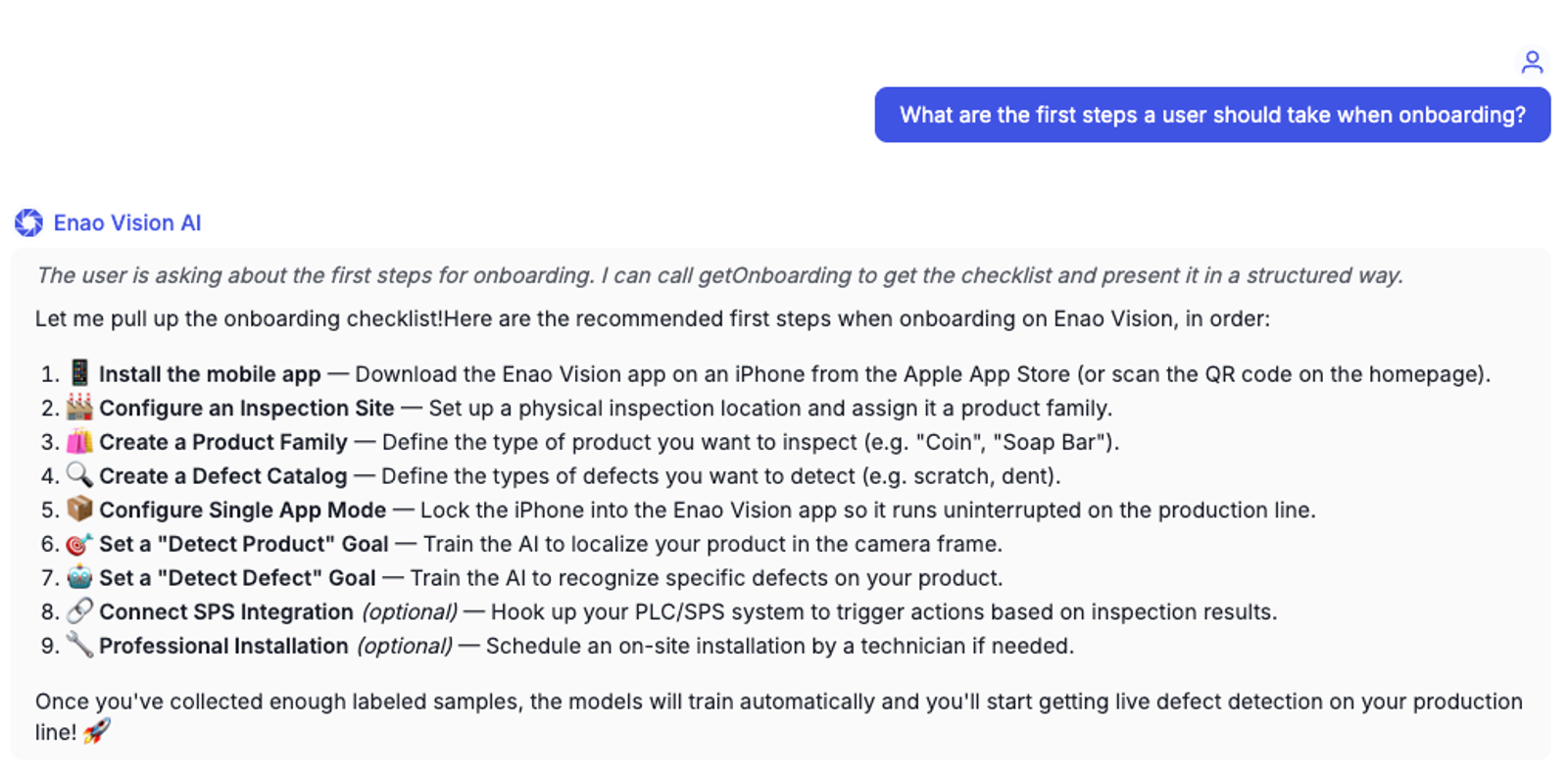 Une session de chat Enao Vision AI où un agent appelle l'outil getOnboarding via MCP et renvoie une checklist d'onboarding numérotée.