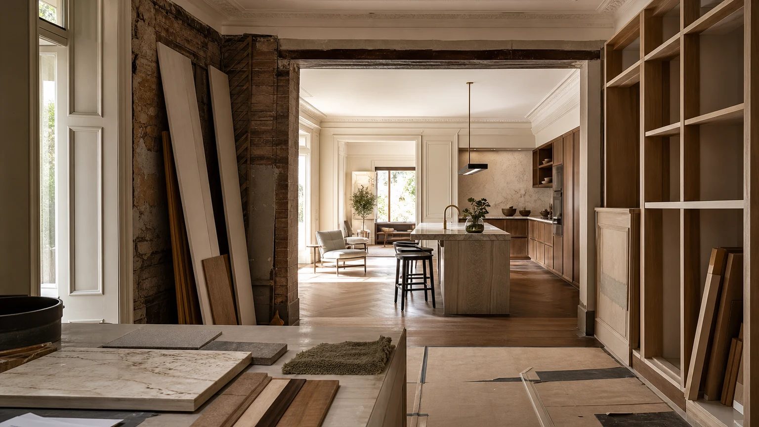 A refined Sydney home renovation in progress with exposed structure, new joinery and a finished kitchen beyond.