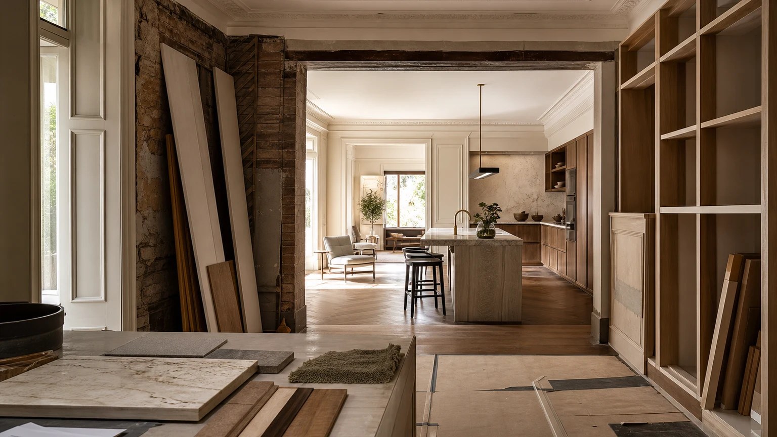 A refined Sydney home renovation in progress with exposed structure, new joinery and a finished kitchen beyond.