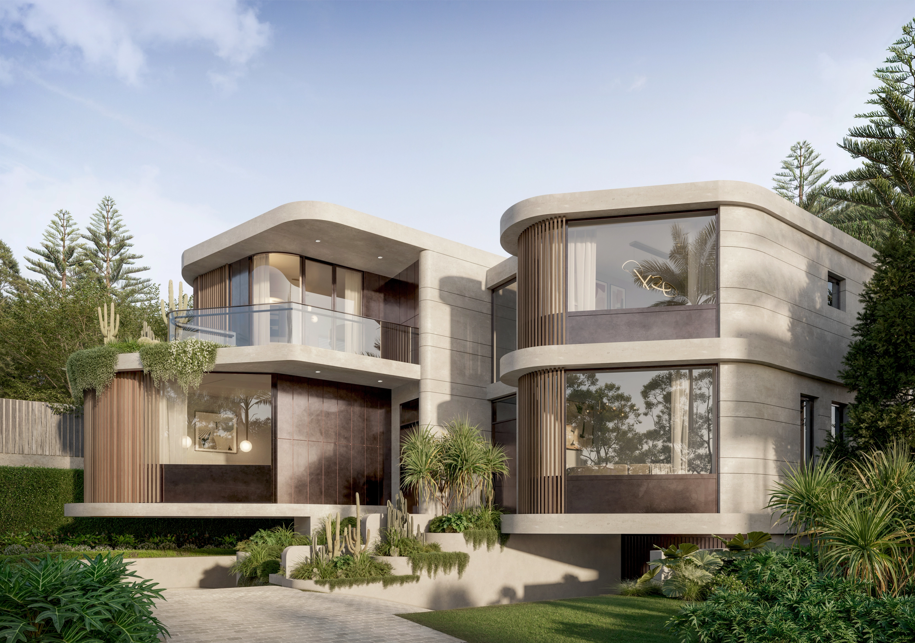 Architectural drawings and material samples on a design table beside a waterfront Sydney home.