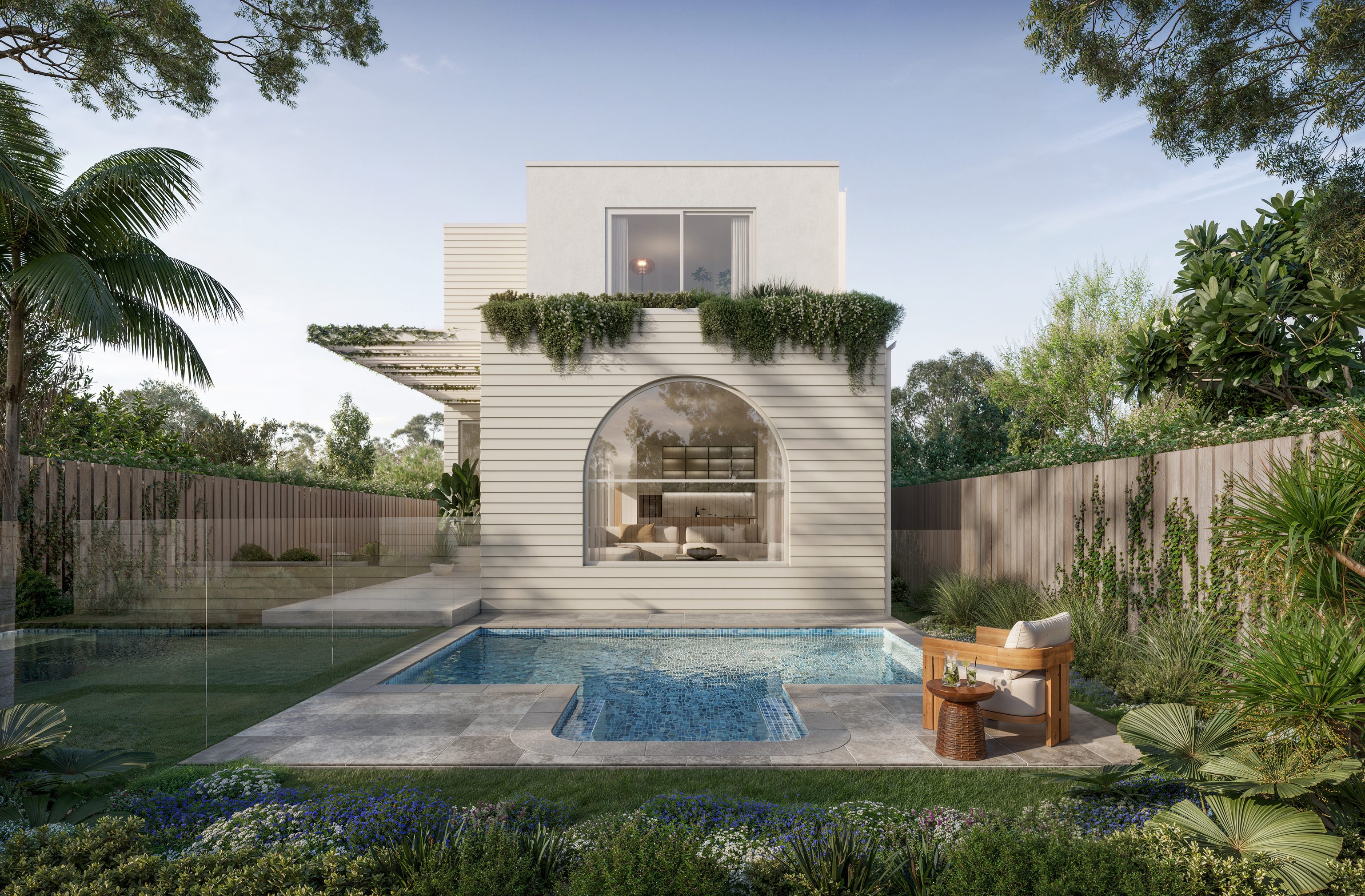 AQUILA in Dover Heights, an arched rear facade above a garden pool