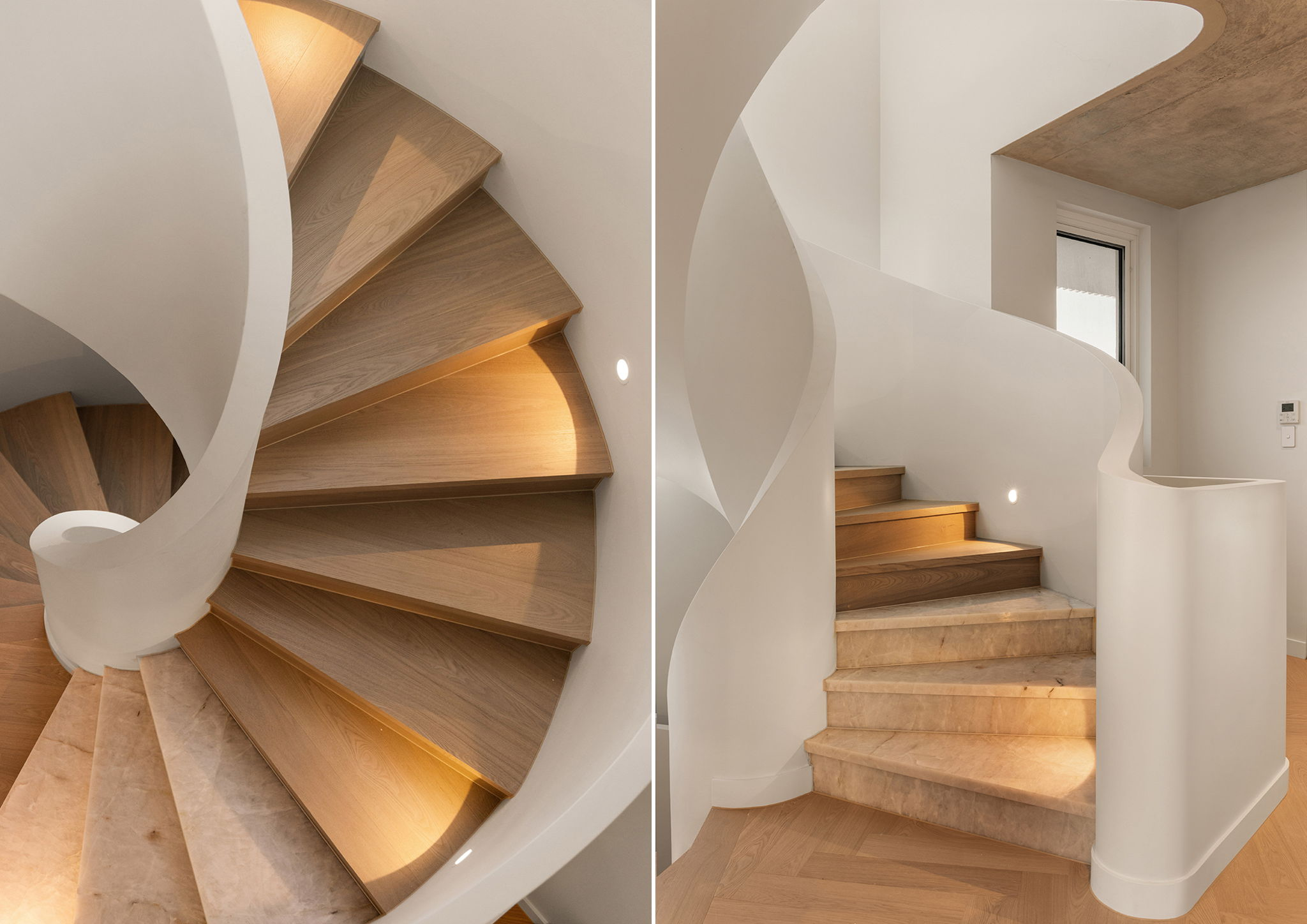 SWELL's spiral staircase in Dover Heights, timber treads lit within a curved white wall