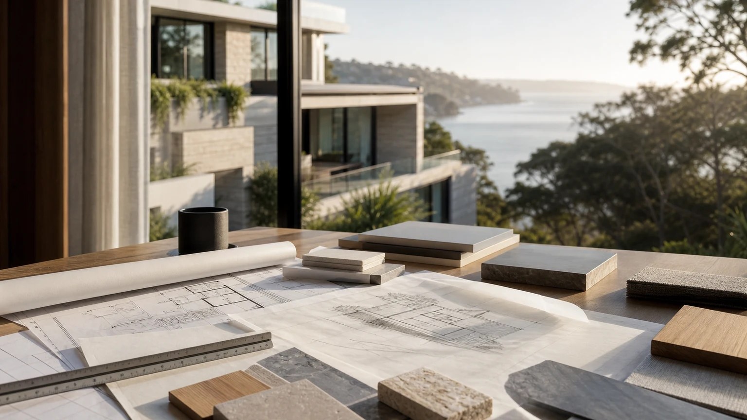 Architectural drawings and material samples on a design table beside a waterfront Sydney home.