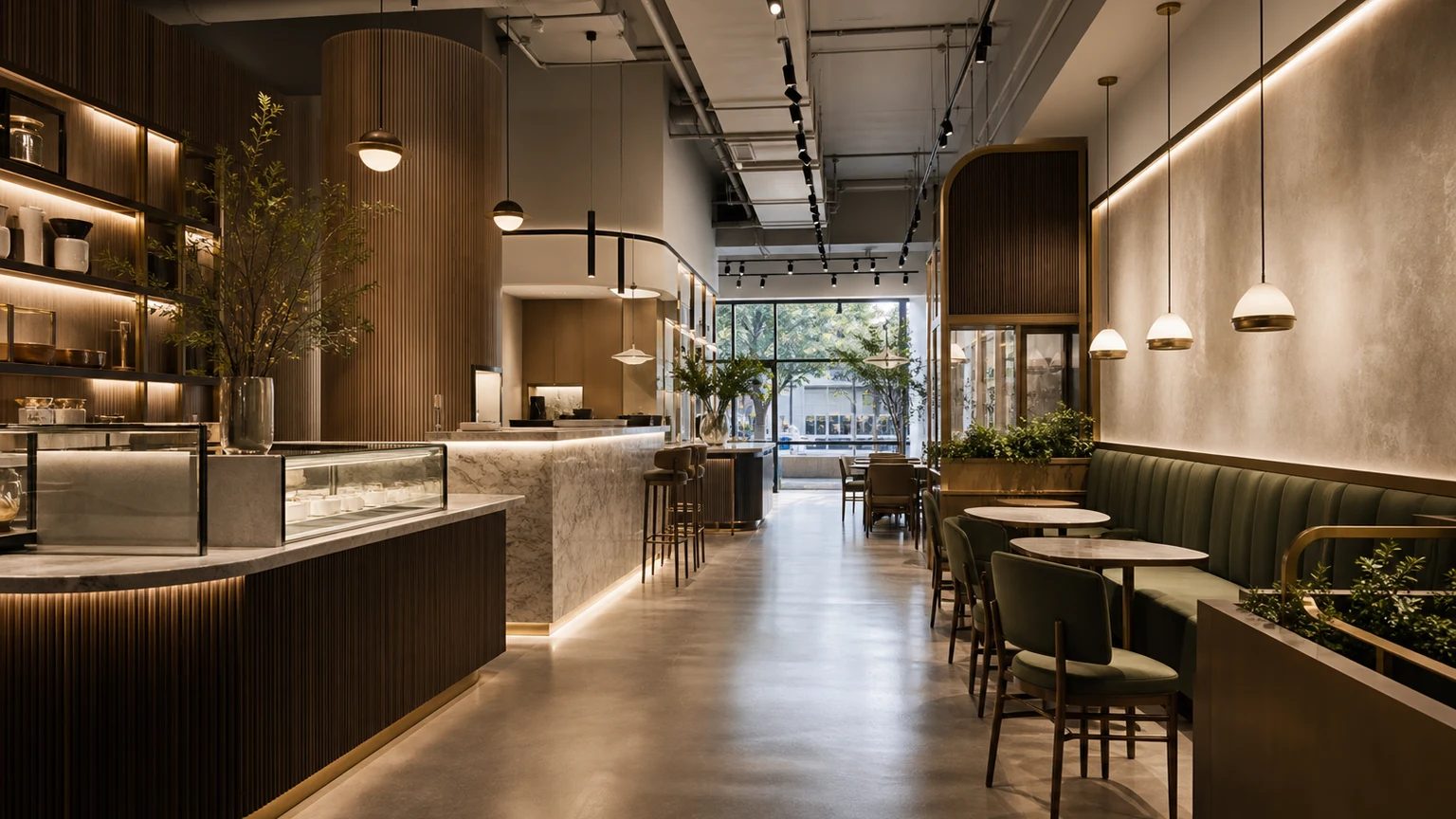 A premium hospitality fitout with custom timber joinery, stone counters and warm layered lighting.