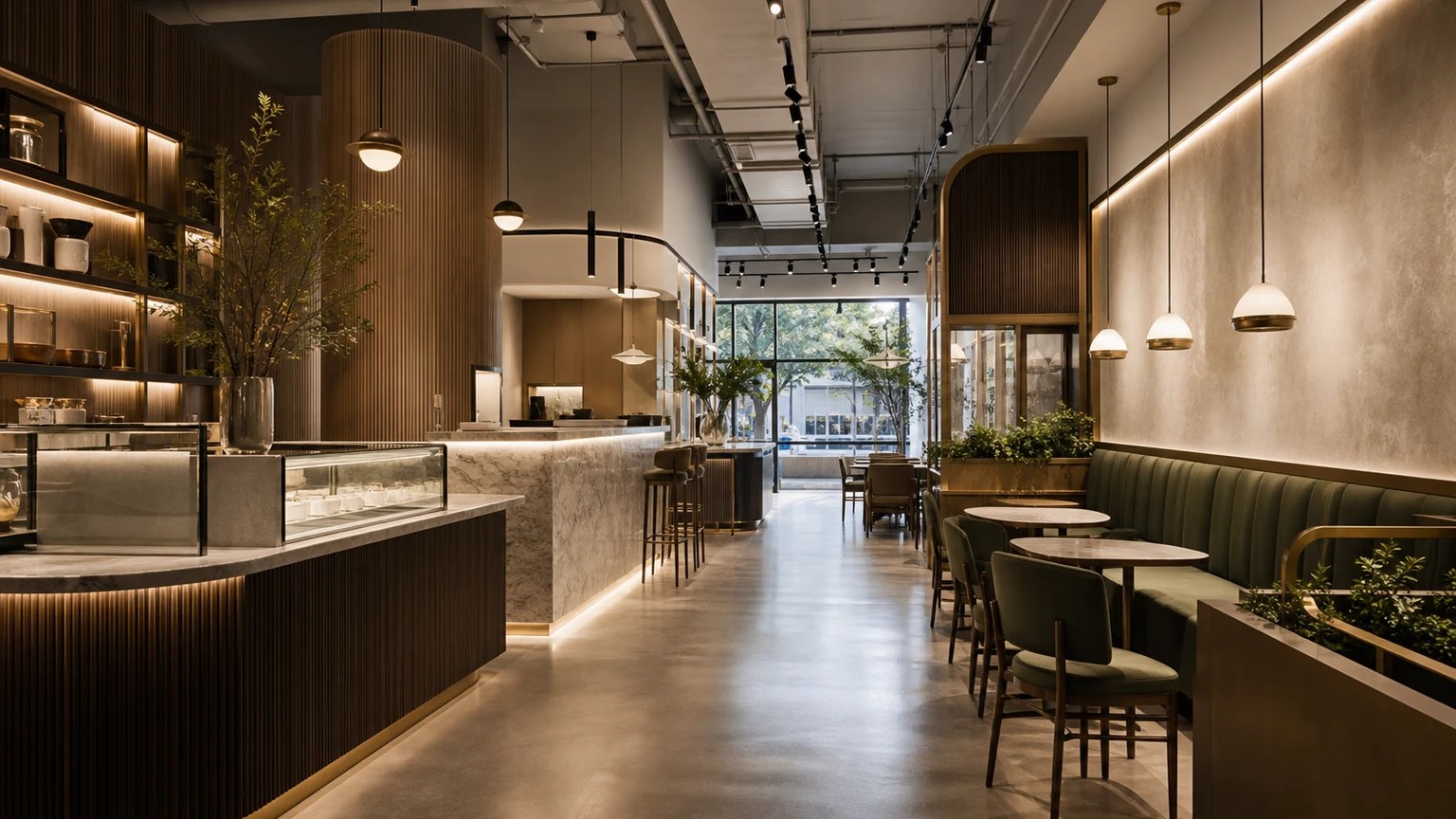 A premium hospitality fitout with custom timber joinery, stone counters and warm layered lighting.