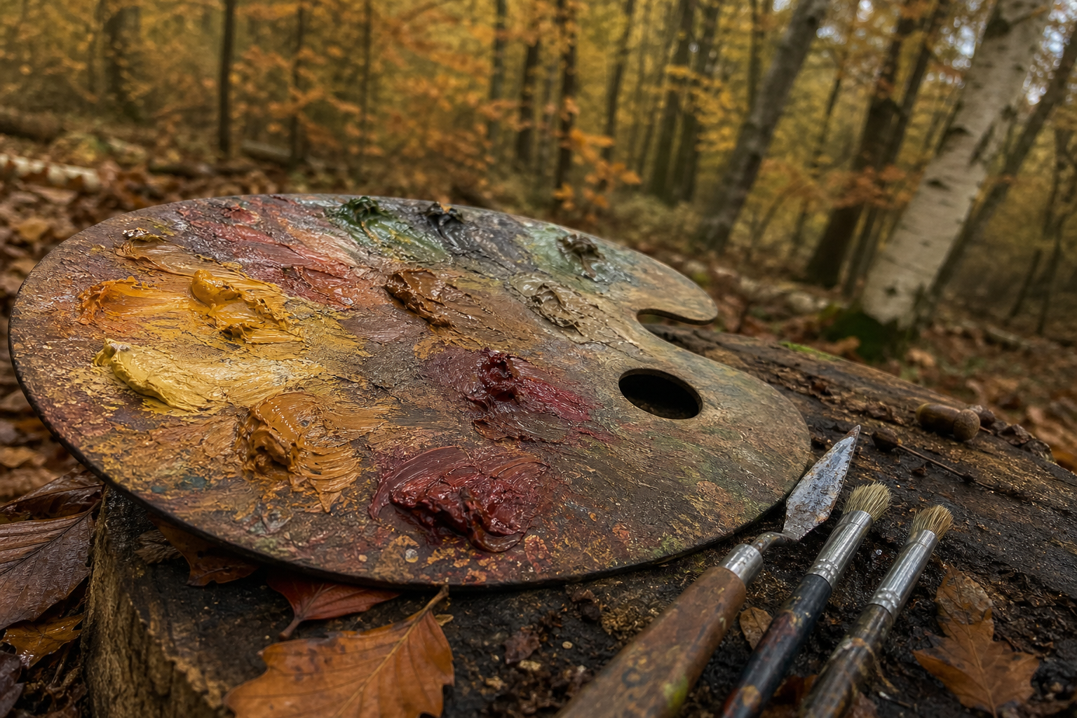 Oil paints in warm autumn tones arranged on a wooden palette outdoors