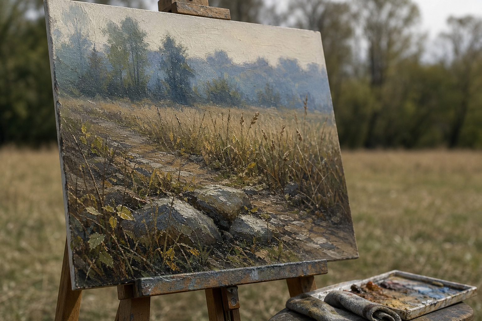 Oil painting study with sharp foreground details and soft blurred distant tree line