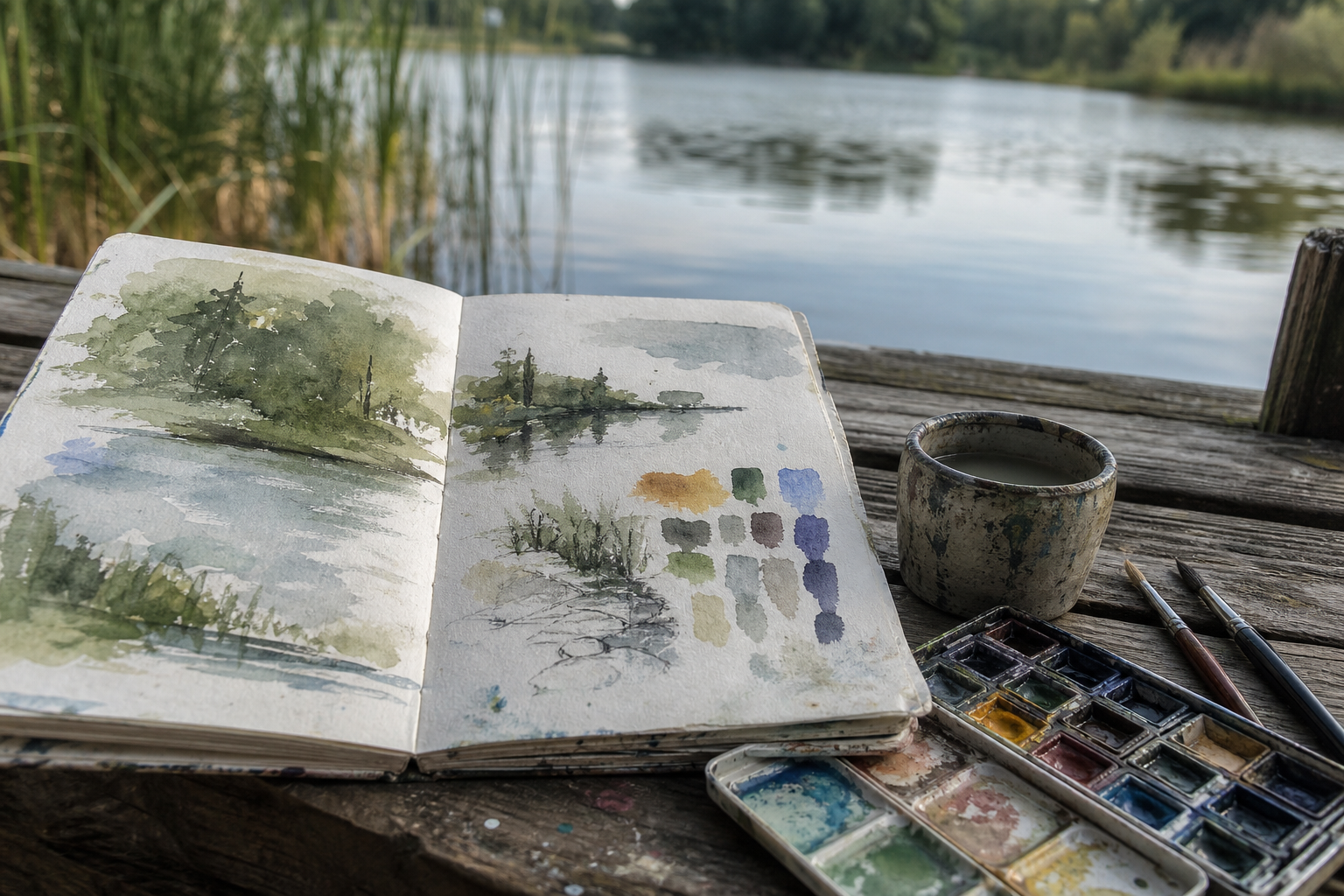 Open sketchbook beside watercolour paints on a wooden surface outdoors