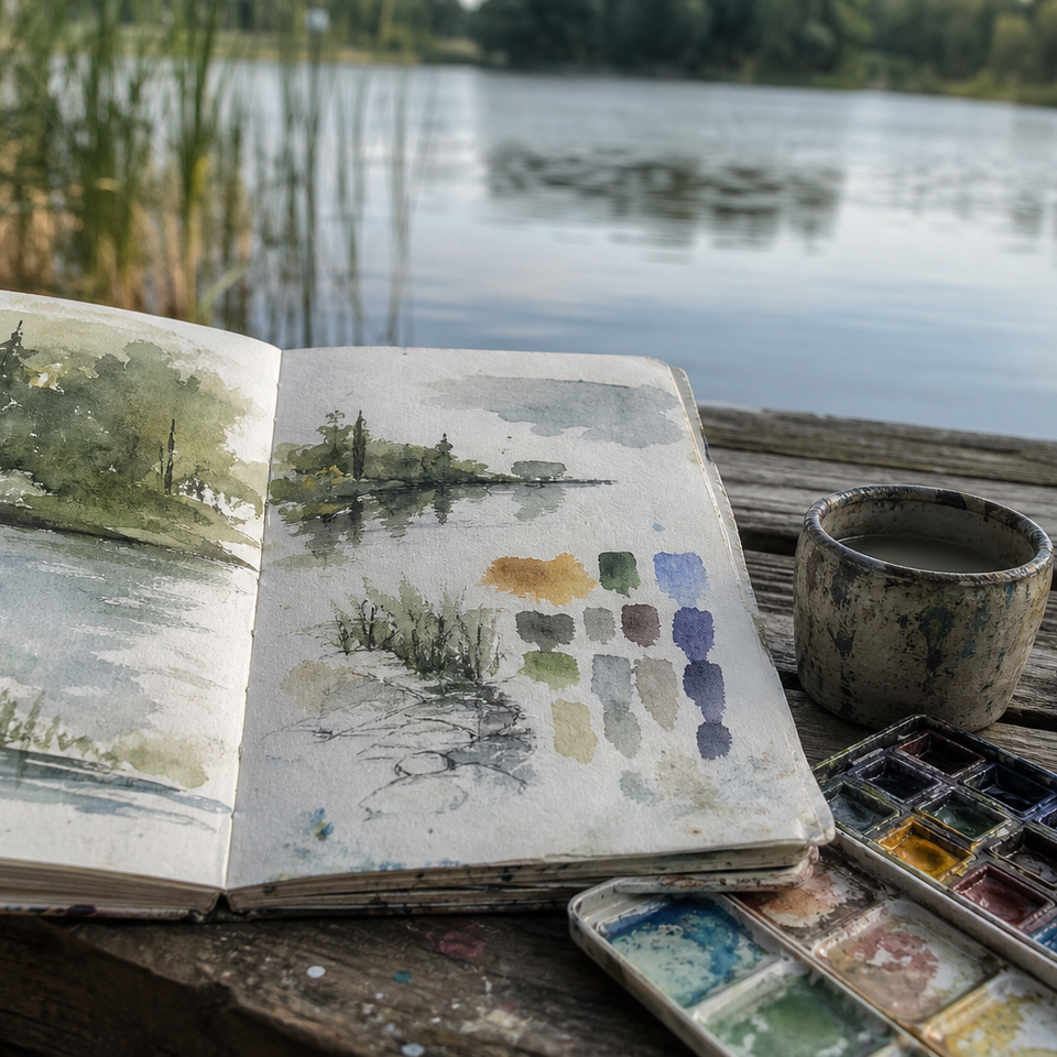 Open sketchbook beside watercolour paints on a wooden surface outdoors