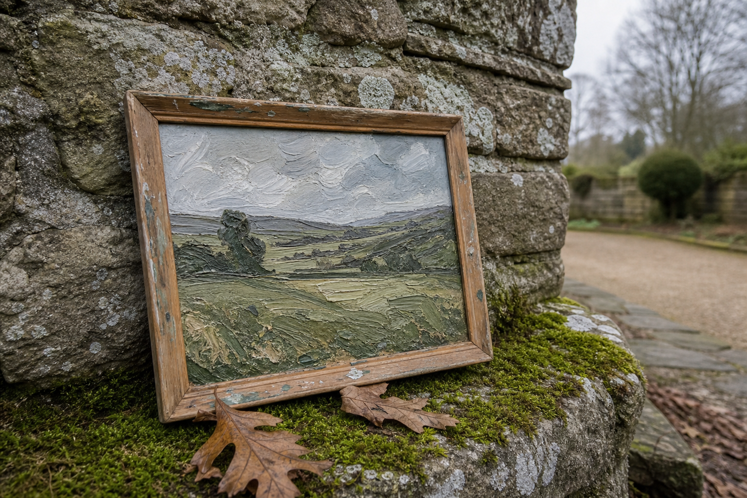 A small landscape oil painting propped against a stone wall in diffused daylight