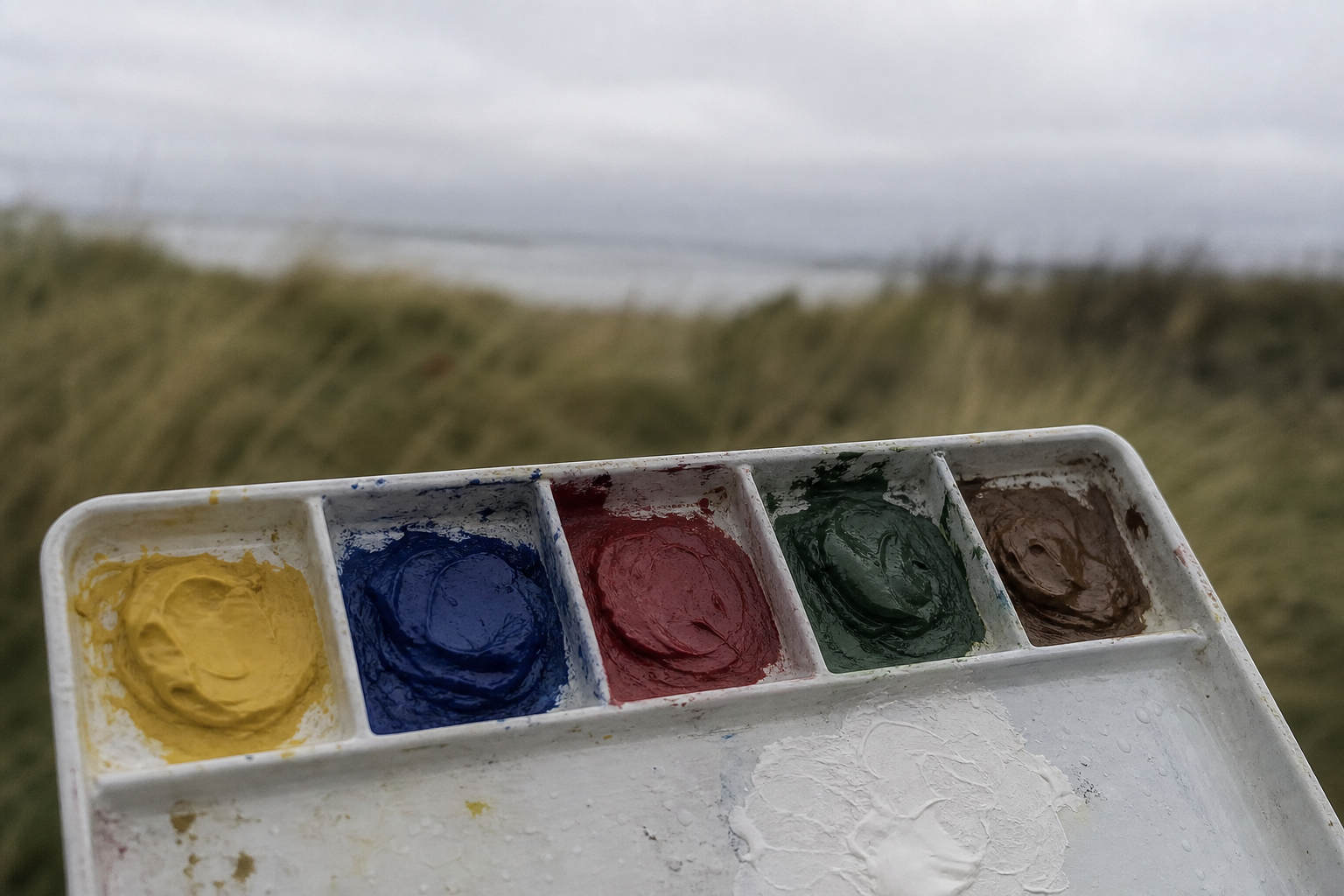 Small gouache palette with five colours and titanium white in soft diffuse light