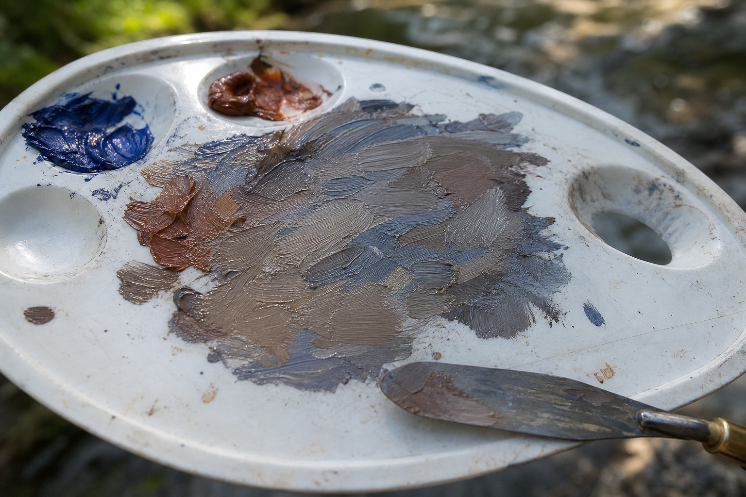 Ultramarine blue and burnt sienna swatched together in grey-brown tones on a white palette