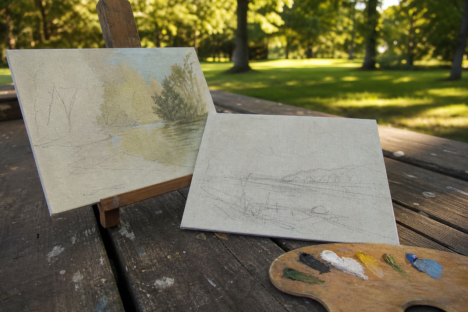 Two small canvas panels side by side on a wooden table next to a compact easel outdoors
