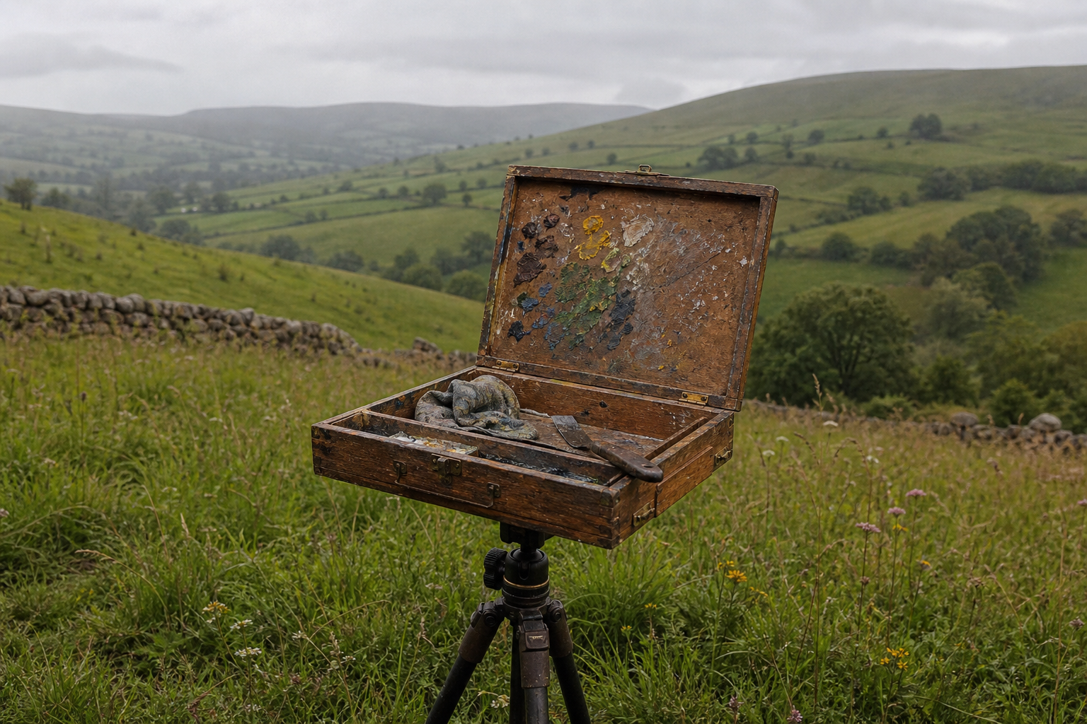 Open wooden pochade box mounted on tripod, surrounded by green hills and overcast sky.