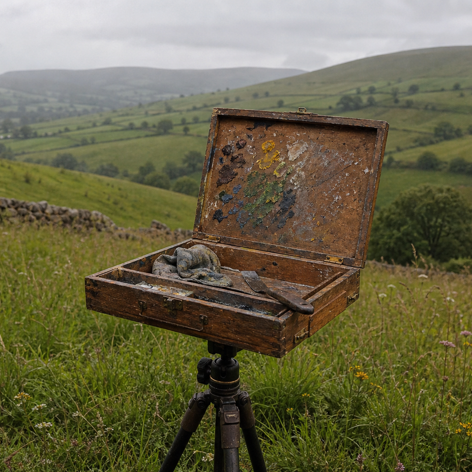 Open wooden pochade box mounted on tripod, surrounded by green hills and overcast sky.
