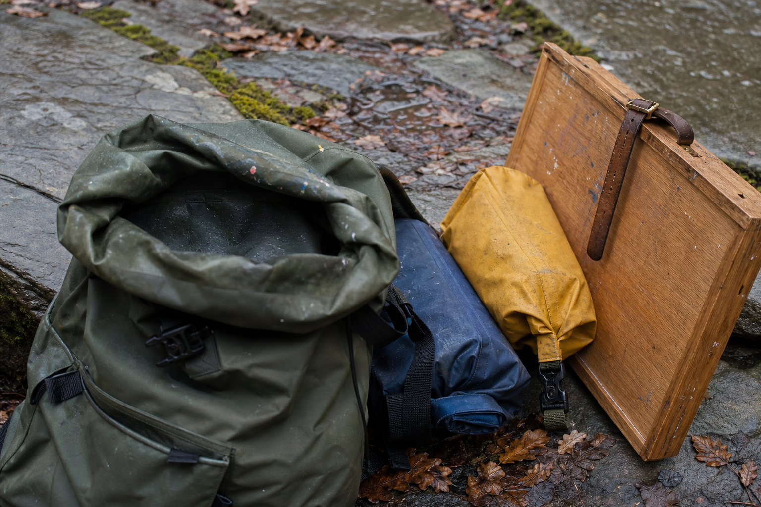 Roll-top waterproof backpack open beside dry bags and a wooden panel carrier on stone ground