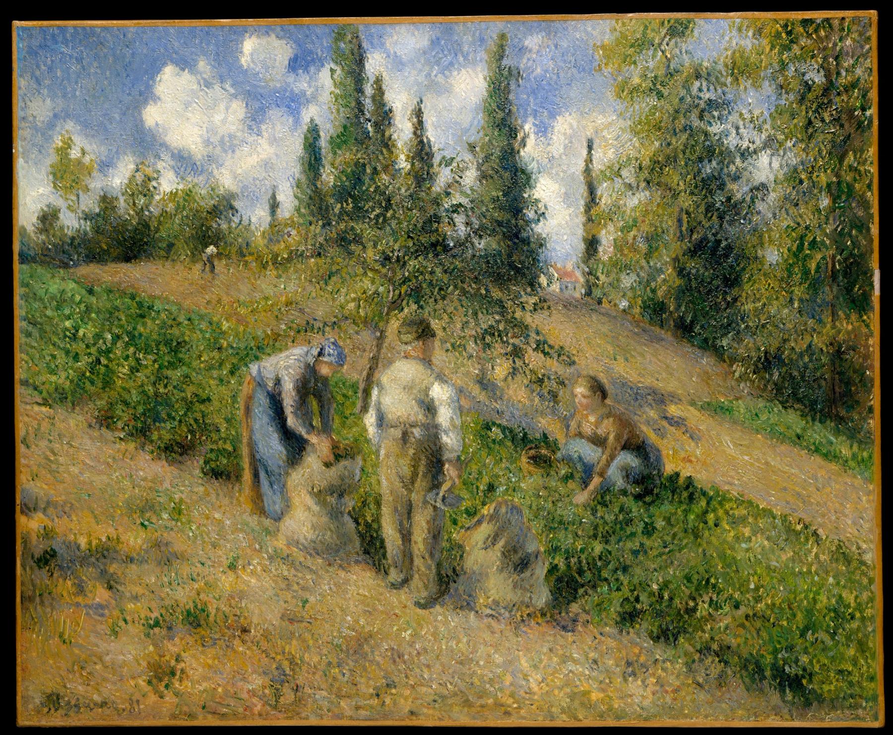 Landscape painting of people working in a harvested field near a village.
