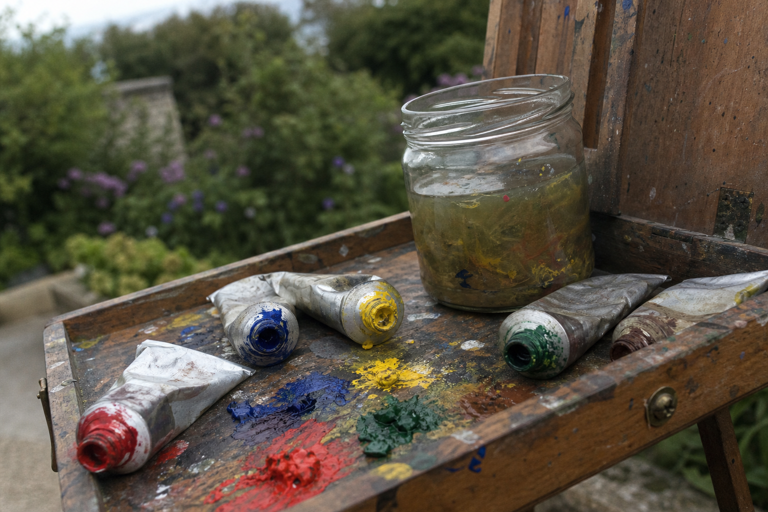 Colourful water-mixable oil paint tubes next to a small jar of water on a portable easel tray