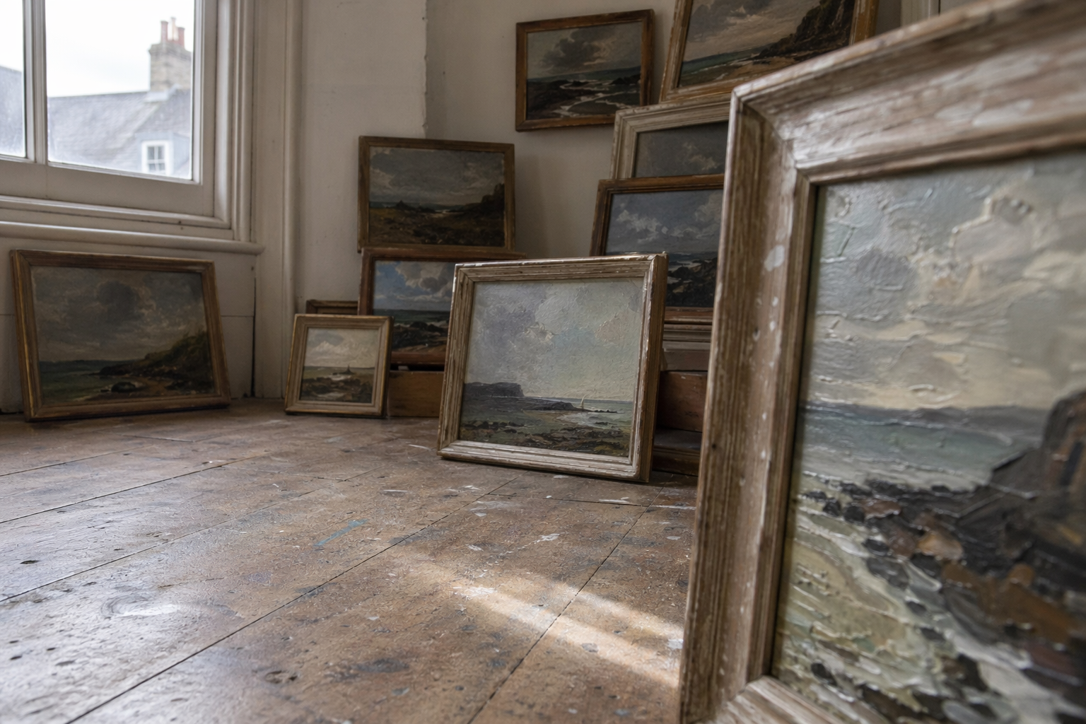 A collection of small framed landscape paintings arranged on a wooden floor
