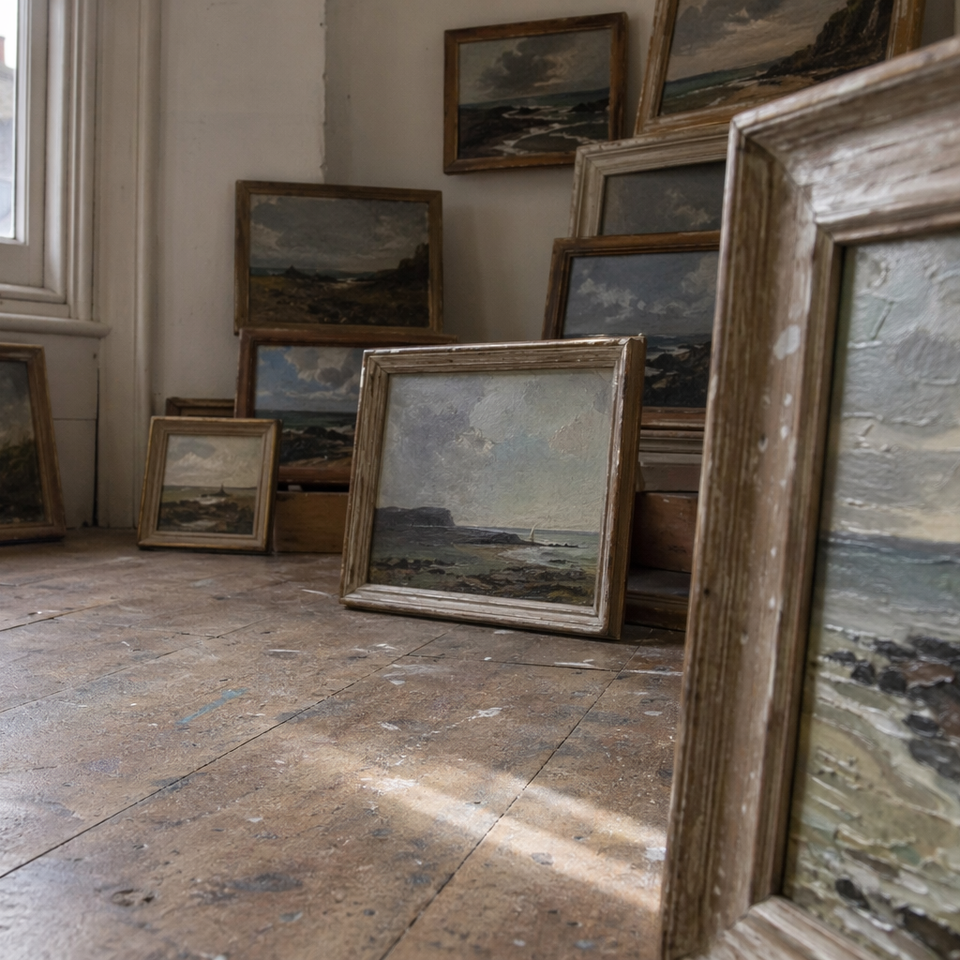 A collection of small framed landscape paintings arranged on a wooden floor