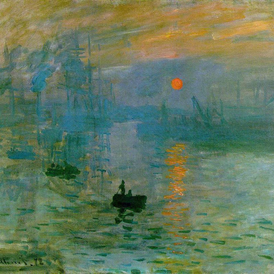 Claude Monet’s Impression, Sunrise, with boats emerging through orange and blue harbour mist