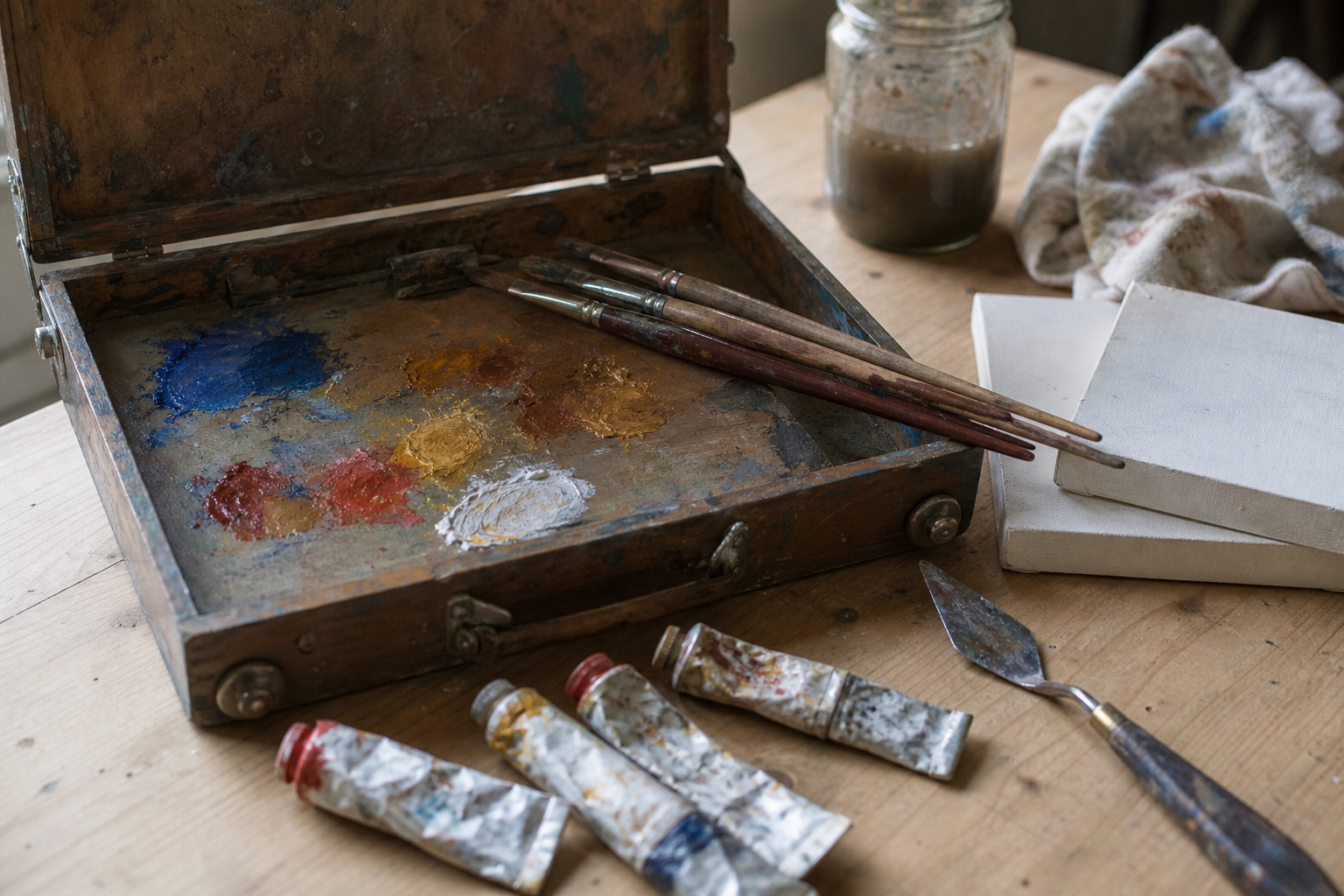 Compact plein air oil painting kit with pochade box, brushes, paint tubes and canvas panels on a wooden surface