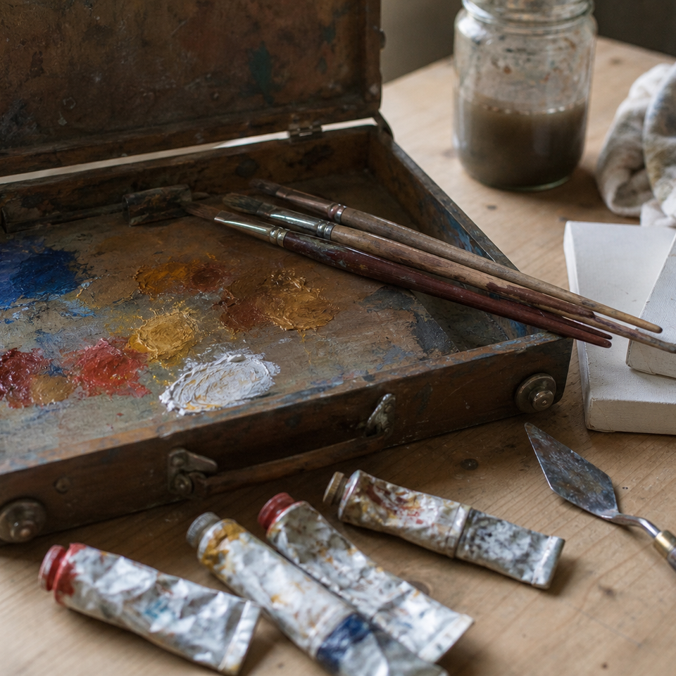Compact plein air oil painting kit with pochade box, brushes, paint tubes and canvas panels on a wooden surface
