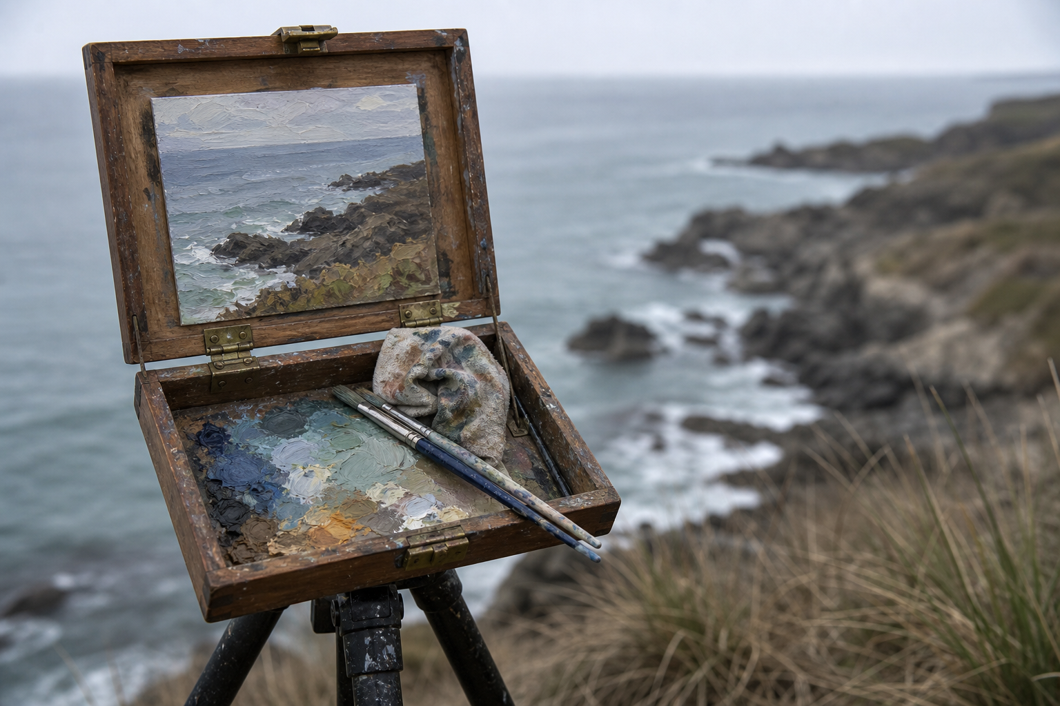 A compact pochade painting box mounted on a camera tripod in a coastal setting