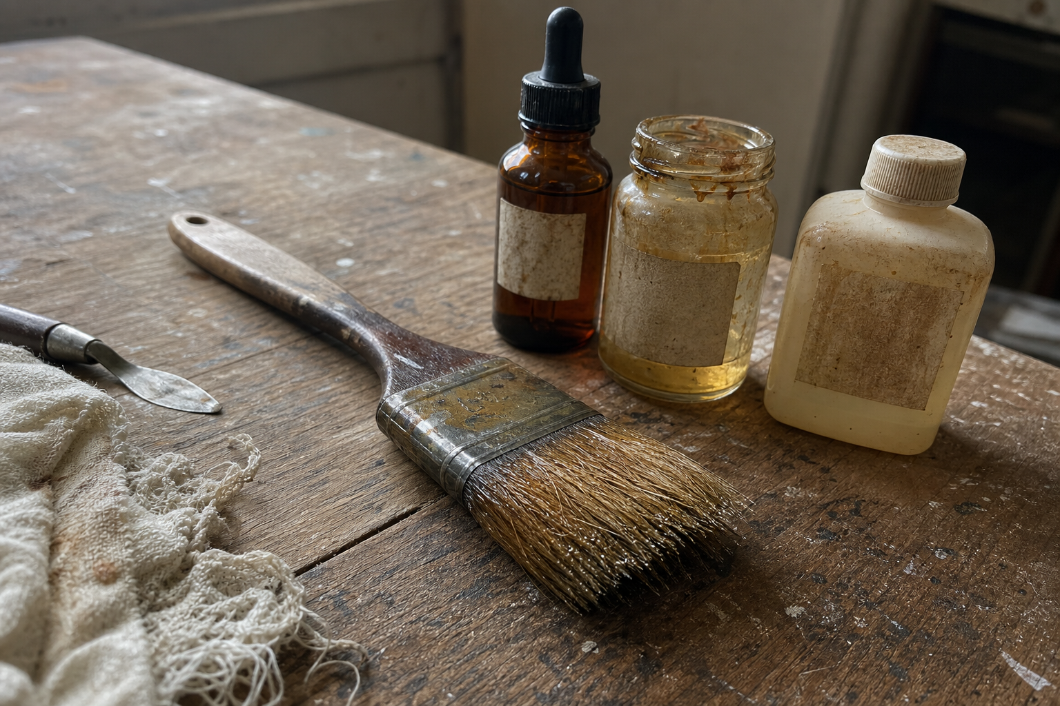 Varnish bottles and a wide flat brush arranged on a wooden studio table