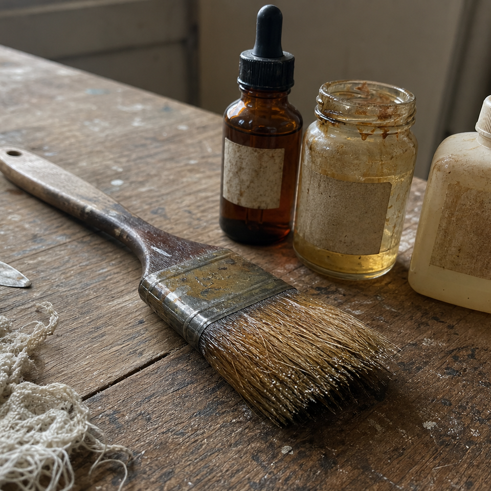 Varnish bottles and a wide flat brush arranged on a wooden studio table