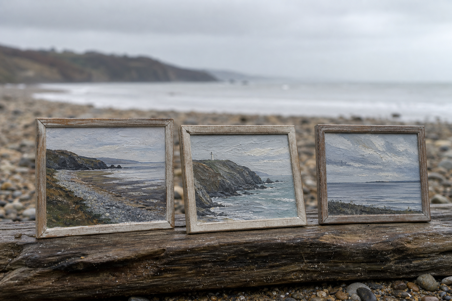 Three small landscape oil paintings of coastal scenes arranged in a neat row