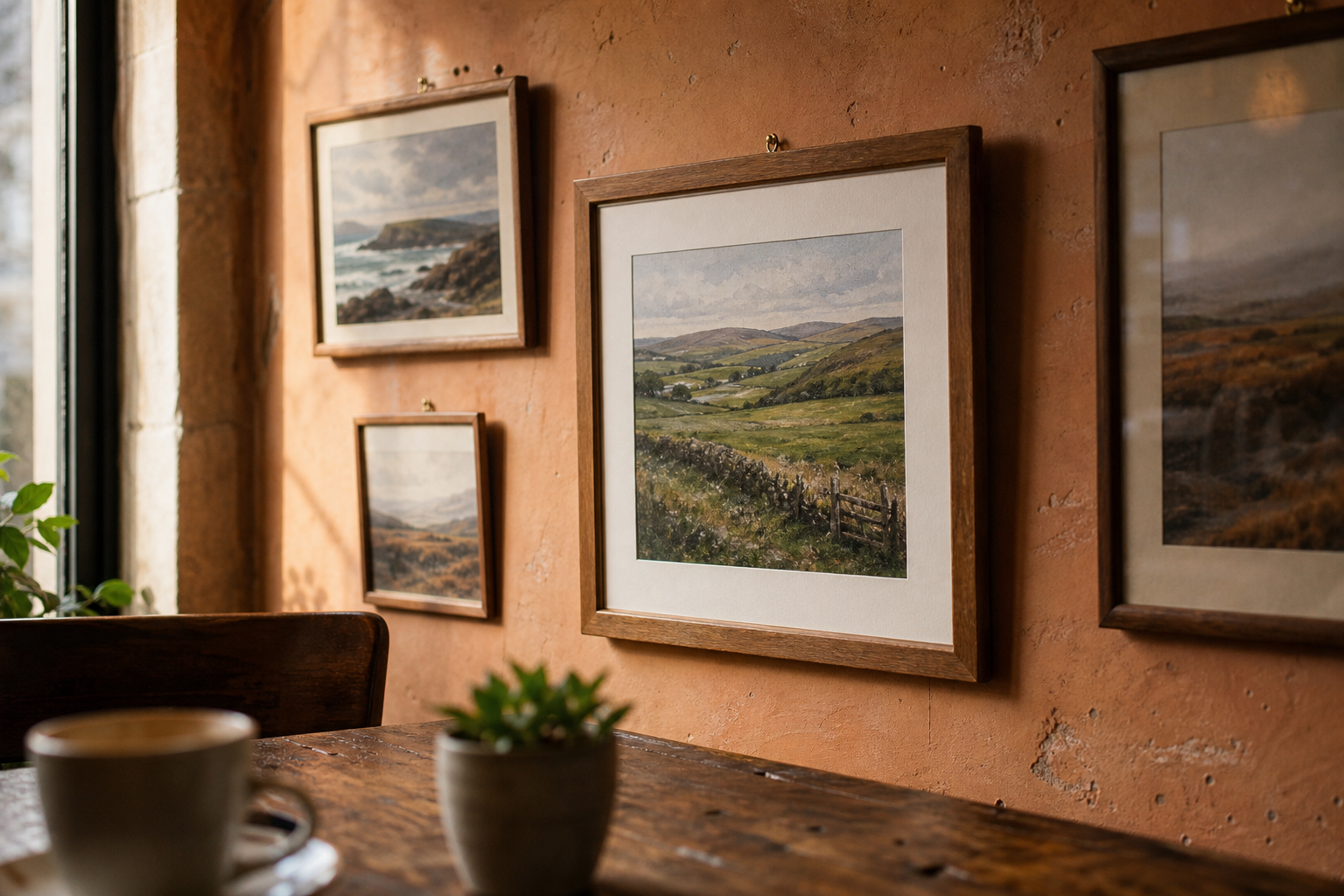 Framed landscape paintings hanging on a warm-toned café interior wall