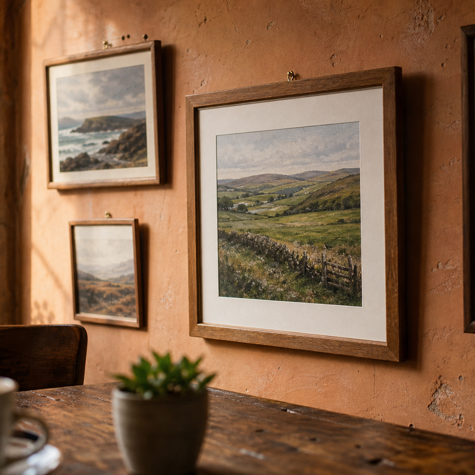 Framed landscape paintings hanging on a warm-toned café interior wall