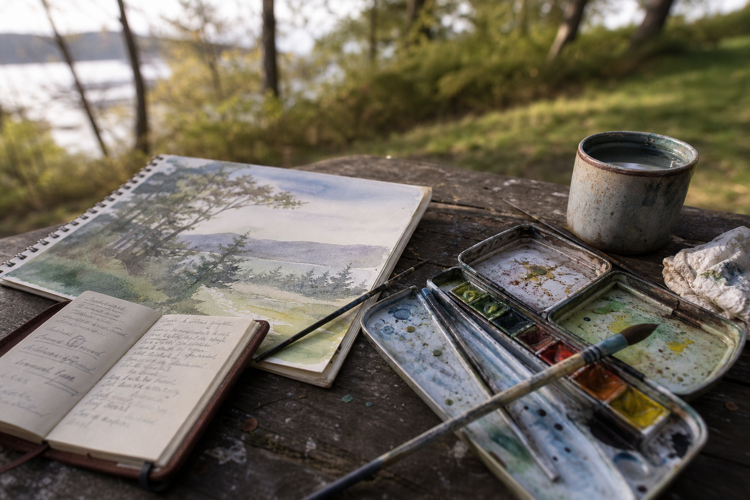 Watercolour palette, brushes, and open notebook on a weathered outdoor table