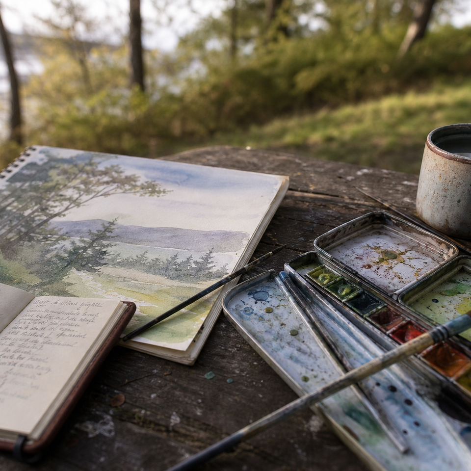 Watercolour palette, brushes, and open notebook on a weathered outdoor table