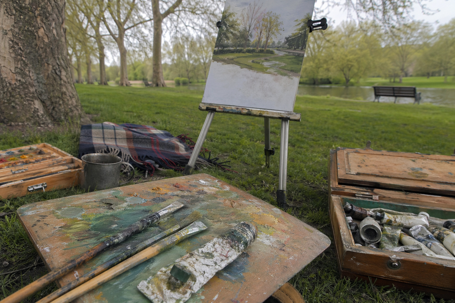 Portable easels and paint supplies set up on grass in a green UK park