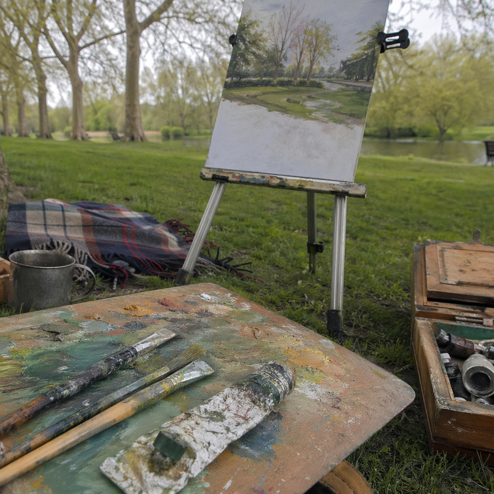 Portable easels and paint supplies set up on grass in a green UK park