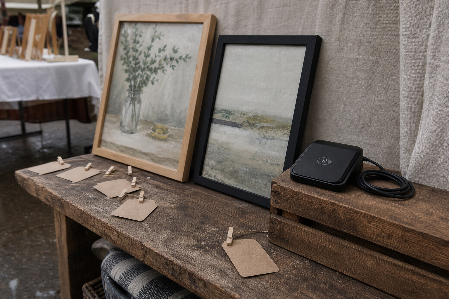 Price tags, a card reader, and framed artwork on a market stall display