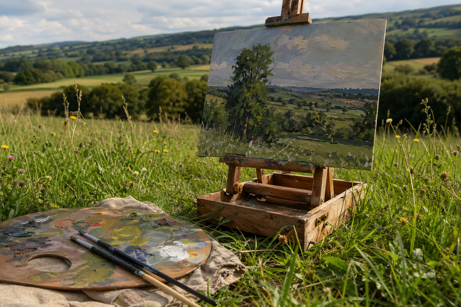 Compact easel holding a small oil painting panel in a sunlit meadow
