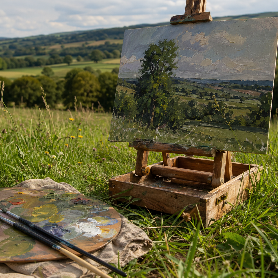 Compact easel holding a small oil painting panel in a sunlit meadow